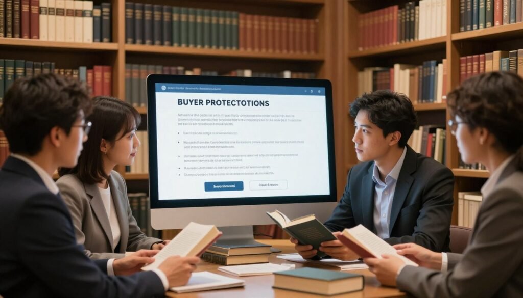A professional, informative setting showcasing a visually striking representation of buyer protection policies in a book marketplace. In the foreground, a diverse group of individuals in business attire, representing buyers and sellers, are engaging in discussion while examining books. In the middle, a digital interface displaying key terms of service and buyer protections, symbolizing transparency and security in online transactions. The background features shelves filled with an array of vintage and rare books, creating a warm and inviting atmosphere. Soft, ambient lighting enhances the scene, highlighting the importance of trust and reliability in purchasing. The overall mood should reflect a sense of safety, professionalism, and community in the world of used and rare books. A professional, informative setting showcasing a visually striking representation of buyer protection policies in a book marketplace. In the foreground, a diverse group of individuals in business attire, representing buyers and sellers, are engaging in discussion while examining books. In the middle, a digital interface displaying key terms of service and buyer protections, symbolizing transparency and security in online transactions. The background features shelves filled with an array of vintage and rare books, creating a warm and inviting atmosphere. Soft, ambient lighting enhances the scene, highlighting the importance of trust and reliability in purchasing. The overall mood should reflect a sense of safety, professionalism, and community in the world of used and rare books.