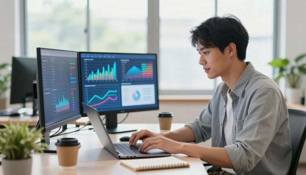 A professional, modern workspace depicting the ideal web hosting user. In the foreground, a confident young adult, dressed in smart casual attire, sits at a sleek desk with a laptop open, focused on their work. They have a notepad and a cup of coffee beside them. In the middle ground, a vibrant display of digital elements like graphs and charts representing web traffic and analytics fills the screen. In the background, large windows allow natural light to flood the space, creating an inviting atmosphere. The setting conveys a sense of professionalism, creativity, and productivity, with plants in the corners and a bright, airy feel. Soft focus and warm lighting add to the welcoming ambiance. A professional, modern workspace depicting the ideal web hosting user. In the foreground, a confident young adult, dressed in smart casual attire, sits at a sleek desk with a laptop open, focused on their work. They have a notepad and a cup of coffee beside them. In the middle ground, a vibrant display of digital elements like graphs and charts representing web traffic and analytics fills the screen. In the background, large windows allow natural light to flood the space, creating an inviting atmosphere. The setting conveys a sense of professionalism, creativity, and productivity, with plants in the corners and a bright, airy feel. Soft focus and warm lighting add to the welcoming ambiance.