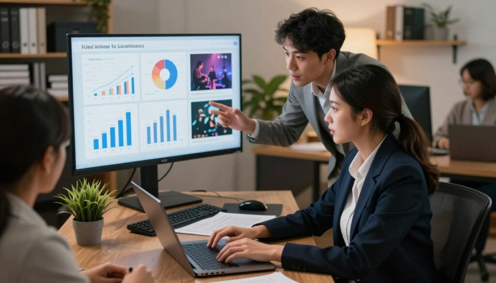 A professional office environment portraying a diverse team discussing music licensing issues and customer support challenges. In the foreground, a businesswoman in a smart blazer looks focused as she types on a laptop, while a man beside her gestures, indicating a point of concern. In the middle ground, a large screen displays graphs and charts related to music licensing statistics, along with images representing different genres of music. The background includes shelves filled with books and documents, a potted plant, and soft ambient lighting that creates a warm and inviting atmosphere. Use a slightly elevated angle to capture the scene, emphasizing collaboration and a proactive approach to problem-solving in a creative workspace. A professional office environment portraying a diverse team discussing music licensing issues and customer support challenges. In the foreground, a businesswoman in a smart blazer looks focused as she types on a laptop, while a man beside her gestures, indicating a point of concern. In the middle ground, a large screen displays graphs and charts related to music licensing statistics, along with images representing different genres of music. The background includes shelves filled with books and documents, a potted plant, and soft ambient lighting that creates a warm and inviting atmosphere. Use a slightly elevated angle to capture the scene, emphasizing collaboration and a proactive approach to problem-solving in a creative workspace.