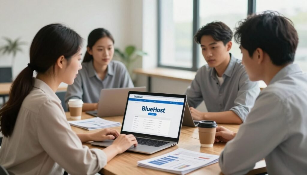 A professional office setting showcasing a diverse group of individuals engaged in a discussion about web hosting options, emphasizing BlueHost. In the foreground, three professionals—one woman and two men—are examining a laptop, displaying a user-friendly interface of a hosting service. The middle layer features a polished wooden table with brochures and a coffee cup, enhancing the collaborative atmosphere. In the background, large windows allow natural light to flood in, creating an inviting and warm ambiance. The color palette is soft and neutral, promoting a sense of reliability and trust. The image captures a mood of focus and teamwork, ideal for illustrating beginners and businesses making informed hosting choices. The scene is shot with a slight depth of field, emphasizing the professionals while softly blurring the background. A professional office setting showcasing a diverse group of individuals engaged in a discussion about web hosting options, emphasizing BlueHost. In the foreground, three professionals—one woman and two men—are examining a laptop, displaying a user-friendly interface of a hosting service. The middle layer features a polished wooden table with brochures and a coffee cup, enhancing the collaborative atmosphere. In the background, large windows allow natural light to flood in, creating an inviting and warm ambiance. The color palette is soft and neutral, promoting a sense of reliability and trust. The image captures a mood of focus and teamwork, ideal for illustrating beginners and businesses making informed hosting choices. The scene is shot with a slight depth of field, emphasizing the professionals while softly blurring the background.