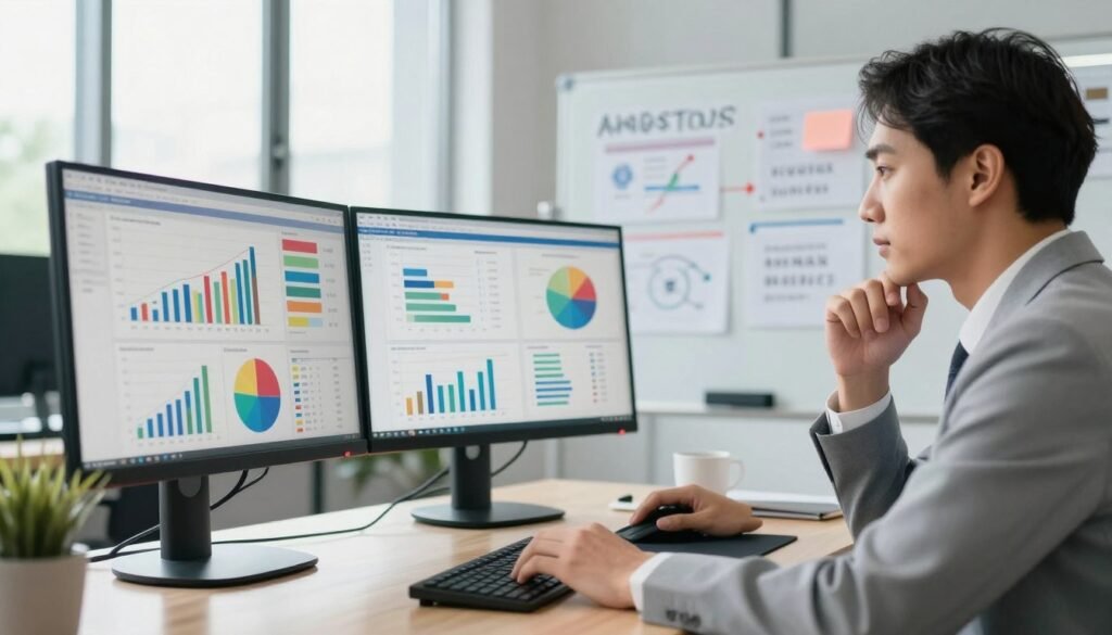 A professional office setting where data analysis occurs, featuring a modern desk with dual monitors displaying colorful graphs and metrics related to traffic analysis of competitors. In the foreground, a focused business analyst in professional attire examines the data with a thoughtful expression. The middle ground includes a whiteboard covered with strategic notes and diagrams outlining competitor performance. In the background, large windows allow natural light to illuminate the room, creating a bright and inspiring atmosphere. The overall mood is one of concentration and insight, capturing the essence of competitive analysis in digital marketing. Camera angle should be slightly elevated, adding depth and perspective to the scene, with a soft focus on the analyst and sharp detail on the screens. A professional office setting where data analysis occurs, featuring a modern desk with dual monitors displaying colorful graphs and metrics related to traffic analysis of competitors. In the foreground, a focused business analyst in professional attire examines the data with a thoughtful expression. The middle ground includes a whiteboard covered with strategic notes and diagrams outlining competitor performance. In the background, large windows allow natural light to illuminate the room, creating a bright and inspiring atmosphere. The overall mood is one of concentration and insight, capturing the essence of competitive analysis in digital marketing. Camera angle should be slightly elevated, adding depth and perspective to the scene, with a soft focus on the analyst and sharp detail on the screens.