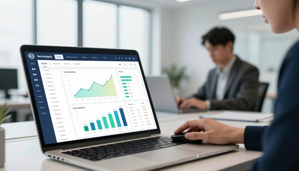A sleek SEO analysis dashboard displayed on a high-resolution laptop screen in a modern office environment. The foreground features colorful graphs, analytics charts, and keyword lists prominently on the screen, showcasing features like search volume, keyword difficulty, and traffic estimates. In the middle, a professional business analyst, dressed in smart-casual attire, is engaged in deep concentration, using a mouse to navigate the dashboard. The background shows a minimalist office with large windows letting in soft natural light, enhancing the atmosphere of focus and productivity. The overall mood is analytical and dynamic, with a color palette of blues, greens, and white reflecting a tech-savvy workspace. A sleek SEO analysis dashboard displayed on a high-resolution laptop screen in a modern office environment. The foreground features colorful graphs, analytics charts, and keyword lists prominently on the screen, showcasing features like search volume, keyword difficulty, and traffic estimates. In the middle, a professional business analyst, dressed in smart-casual attire, is engaged in deep concentration, using a mouse to navigate the dashboard. The background shows a minimalist office with large windows letting in soft natural light, enhancing the atmosphere of focus and productivity. The overall mood is analytical and dynamic, with a color palette of blues, greens, and white reflecting a tech-savvy workspace.