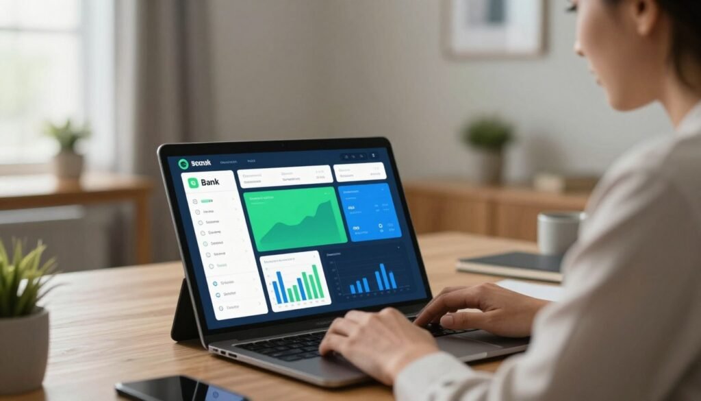 A sleek and modern bank account sync dashboard interface displayed on a digital device such as a tablet or laptop. The foreground features interactive graphs and charts, showcasing vibrant colors like green and blue representing income and expenses. A user in professional business attire is seated at a clutter-free desk, intently focused on the dashboard. In the middle ground, there is a soft glow reflecting from the device screen, highlighting the detailed financial metrics and alerts. The background offers a calming home office setting with neutral-toned walls and wooden accents, conveying a sense of organization and productivity. Bright, natural lighting filters through a nearby window, enhancing the inviting atmosphere while maintaining a professional feel. A sleek and modern bank account sync dashboard interface displayed on a digital device such as a tablet or laptop. The foreground features interactive graphs and charts, showcasing vibrant colors like green and blue representing income and expenses. A user in professional business attire is seated at a clutter-free desk, intently focused on the dashboard. In the middle ground, there is a soft glow reflecting from the device screen, highlighting the detailed financial metrics and alerts. The background offers a calming home office setting with neutral-toned walls and wooden accents, conveying a sense of organization and productivity. Bright, natural lighting filters through a nearby window, enhancing the inviting atmosphere while maintaining a professional feel.
