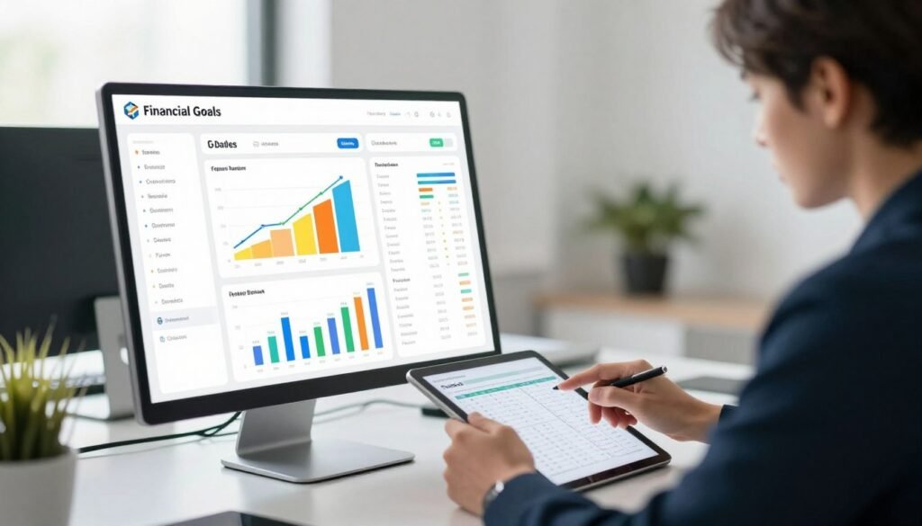 A sleek financial goals tracking dashboard displayed prominently on a modern desktop screen in a bright office environment. The foreground features a user-friendly interface with colorful graphs and charts illustrating various financial goals, such as savings, investments, and expenditures. In the middle, a professional individual in smart business attire is engaged with the screen, using a tablet to input data, their expression focused and determined. The background shows a clean, organized workspace with soft natural lighting streaming in through a window, creating a calm and motivating atmosphere. The overall mood conveys a sense of achievement and clarity in personal finance management, encouraging viewers to take charge of their financial futures. A sleek financial goals tracking dashboard displayed prominently on a modern desktop screen in a bright office environment. The foreground features a user-friendly interface with colorful graphs and charts illustrating various financial goals, such as savings, investments, and expenditures. In the middle, a professional individual in smart business attire is engaged with the screen, using a tablet to input data, their expression focused and determined. The background shows a clean, organized workspace with soft natural lighting streaming in through a window, creating a calm and motivating atmosphere. The overall mood conveys a sense of achievement and clarity in personal finance management, encouraging viewers to take charge of their financial futures.