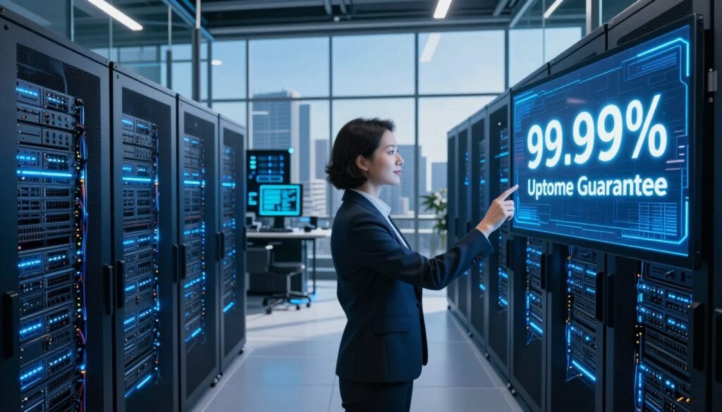 A sleek, futuristic data center interior, showcasing rows of illuminated servers with a shimmering glow. In the foreground, a confident business professional in a modern suit studies a large digital display showing "99.99% Uptime Guarantee" in bold, vibrant letters. The middle ground features advanced technology with glowing screens, cables, and efficient cooling systems, all bathed in soft, blue ambient lighting that creates a high-tech atmosphere. In the background, large glass windows reveal a city skyline under a clear, sunny sky, symbolizing reliability and connection. The mood is optimistic and professional, embodying the essence of high performance and unwavering reliability in hosting services. The composition should emphasize clarity and focus, using a slight tilt-angle for a dynamic perspective. A sleek, futuristic data center interior, showcasing rows of illuminated servers with a shimmering glow. In the foreground, a confident business professional in a modern suit studies a large digital display showing "99.99% Uptime Guarantee" in bold, vibrant letters. The middle ground features advanced technology with glowing screens, cables, and efficient cooling systems, all bathed in soft, blue ambient lighting that creates a high-tech atmosphere. In the background, large glass windows reveal a city skyline under a clear, sunny sky, symbolizing reliability and connection. The mood is optimistic and professional, embodying the essence of high performance and unwavering reliability in hosting services. The composition should emphasize clarity and focus, using a slight tilt-angle for a dynamic perspective.