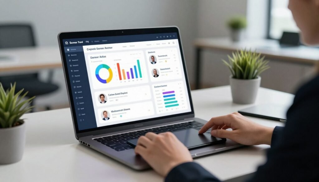 A sleek, modern automated career advisor dashboard interface displayed on a high-resolution laptop screen, positioned on a clean, organized desk in a professional office setting. The foreground features a pair of hands, dressed in smart business attire, interacting with the dashboard through a touchpad, showcasing user-friendly graphics of job recommendations and analytics. In the middle, the dashboard displays vibrant charts, job listings, and personalized career insights, illuminated by soft, ambient lighting that creates a productive atmosphere. In the background, a stylish office with minimalistic decor and plants enhances the mood of innovation and career growth. The scene captures a sense of forward-thinking technology aimed at empowering users in their job search journey. A sleek, modern automated career advisor dashboard interface displayed on a high-resolution laptop screen, positioned on a clean, organized desk in a professional office setting. The foreground features a pair of hands, dressed in smart business attire, interacting with the dashboard through a touchpad, showcasing user-friendly graphics of job recommendations and analytics. In the middle, the dashboard displays vibrant charts, job listings, and personalized career insights, illuminated by soft, ambient lighting that creates a productive atmosphere. In the background, a stylish office with minimalistic decor and plants enhances the mood of innovation and career growth. The scene captures a sense of forward-thinking technology aimed at empowering users in their job search journey.
