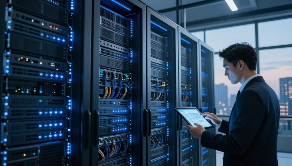 A sleek, modern data center filled with rows of high-tech VPS and dedicated server racks illuminated by cool blue LED lighting. In the foreground, a professional technician, dressed in business attire, analyzes server performance on a digital tablet, showcasing a focused atmosphere. The middle layer presents the intricate network of cables and blinking server lights, underscoring the complexity of web hosting solutions. In the background, large windows reveal a city skyline bathed in soft twilight, enhancing the sense of innovation and reliability. Capture this scene with a slight low angle, emphasizing the towering servers and creating a dynamic perspective. The overall mood is one of efficiency and technological advancement, reflecting a professional environment dedicated to web hosting excellence. A sleek, modern data center filled with rows of high-tech VPS and dedicated server racks illuminated by cool blue LED lighting. In the foreground, a professional technician, dressed in business attire, analyzes server performance on a digital tablet, showcasing a focused atmosphere. The middle layer presents the intricate network of cables and blinking server lights, underscoring the complexity of web hosting solutions. In the background, large windows reveal a city skyline bathed in soft twilight, enhancing the sense of innovation and reliability. Capture this scene with a slight low angle, emphasizing the towering servers and creating a dynamic perspective. The overall mood is one of efficiency and technological advancement, reflecting a professional environment dedicated to web hosting excellence.