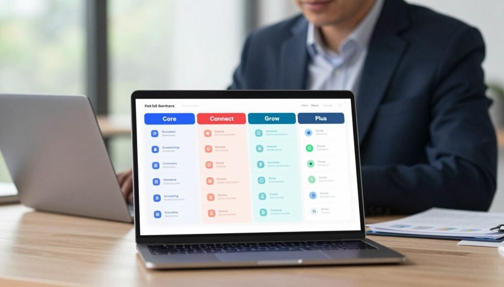 A sleek, modern digital display showcasing a comparison of four pricing plans for field service software: Core, Connect, Grow, and Plus. The foreground features a clean, organized table layout with vibrant colors representing each plan. Include small icons or illustrations symbolizing features like scheduling, invoicing, and customer management. In the middle ground, a professional individual in smart business attire reviews the chart with a laptop open in front of them, highlighting their engagement with the plans. The background is a softly blurred office environment with natural light filtering in, creating a calm and focused atmosphere. Use a shallow depth of field to emphasize the table while keeping the individual slightly out of focus. The overall mood should be informative and professional, conveying clarity and efficiency. A sleek, modern digital display showcasing a comparison of four pricing plans for field service software: Core, Connect, Grow, and Plus. The foreground features a clean, organized table layout with vibrant colors representing each plan. Include small icons or illustrations symbolizing features like scheduling, invoicing, and customer management. In the middle ground, a professional individual in smart business attire reviews the chart with a laptop open in front of them, highlighting their engagement with the plans. The background is a softly blurred office environment with natural light filtering in, creating a calm and focused atmosphere. Use a shallow depth of field to emphasize the table while keeping the individual slightly out of focus. The overall mood should be informative and professional, conveying clarity and efficiency.