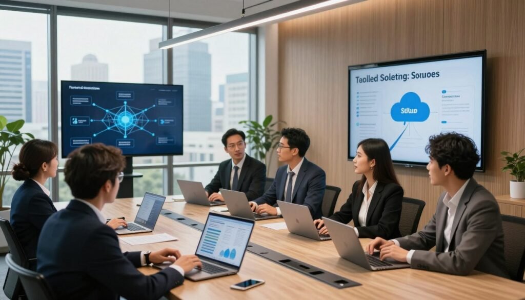 A sleek, modern office environment featuring a professional business team discussing tailored hosting solutions for SMBs and enterprises. In the foreground, a diverse group of individuals in business attire actively engages around a high-tech conference table with laptops and digital devices displaying graphs and charts. The middle ground showcases large screens on the walls highlighting network architecture and cloud storage options, emphasizing customization and scalability. In the background, panoramic windows reveal a vibrant city skyline, enhancing the atmosphere of innovation and growth. Soft natural light floods the room, creating a warm and inviting ambiance complemented by stylish decor. The angle captures the dynamic interaction and collaboration among the team, illustrating a focus on tailored solutions for diverse business needs. A sleek, modern office environment featuring a professional business team discussing tailored hosting solutions for SMBs and enterprises. In the foreground, a diverse group of individuals in business attire actively engages around a high-tech conference table with laptops and digital devices displaying graphs and charts. The middle ground showcases large screens on the walls highlighting network architecture and cloud storage options, emphasizing customization and scalability. In the background, panoramic windows reveal a vibrant city skyline, enhancing the atmosphere of innovation and growth. Soft natural light floods the room, creating a warm and inviting ambiance complemented by stylish decor. The angle captures the dynamic interaction and collaboration among the team, illustrating a focus on tailored solutions for diverse business needs.