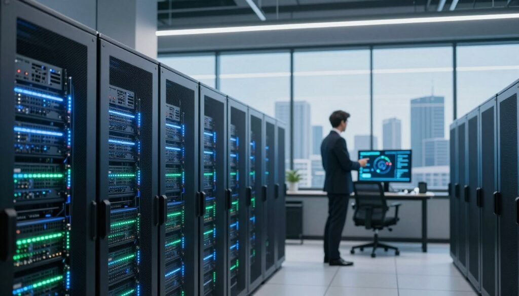 A sleek, modern web hosting data center with rows of powerful servers in the foreground, illuminated by soft blue and green LED lights creating a high-tech ambiance. In the middle ground, a professional business person, dressed in smart business attire, is intently monitoring server performance on a digital display, demonstrating exceptional speed and reliability. The background features a wide view of the city skyline through large glass windows, symbolizing connectivity and advancement. Bright, clean lighting lends an atmosphere of efficiency, with a slight depth of field to emphasize the focus on the subject. The overall mood is one of innovation, excellence, and trustworthiness in web hosting services. A sleek, modern web hosting data center with rows of powerful servers in the foreground, illuminated by soft blue and green LED lights creating a high-tech ambiance. In the middle ground, a professional business person, dressed in smart business attire, is intently monitoring server performance on a digital display, demonstrating exceptional speed and reliability. The background features a wide view of the city skyline through large glass windows, symbolizing connectivity and advancement. Bright, clean lighting lends an atmosphere of efficiency, with a slight depth of field to emphasize the focus on the subject. The overall mood is one of innovation, excellence, and trustworthiness in web hosting services.