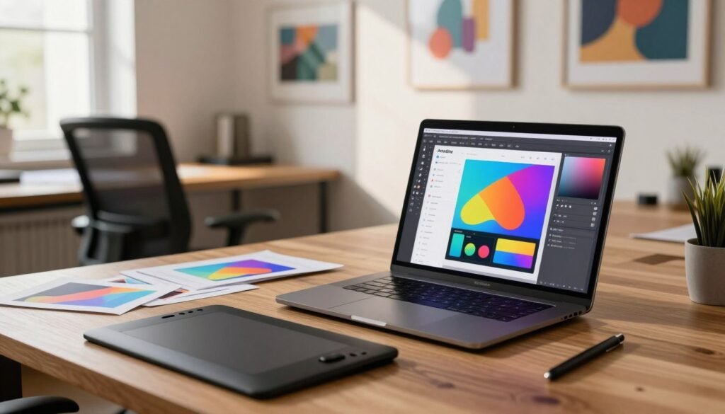 A sleek, modern workspace filled with graphic design tools highlighting the interface of Amadine. In the foreground, a laptop screen displays a vibrant Amadine design project featuring colorful vector shapes and a user-friendly interface. Beside it, a digital drawing tablet rests on a wooden desk, with stylus and design sketches scattered nearby. In the middle ground, an ergonomic chair is positioned around the desk, emphasizing comfort for creative work. The background includes a softly lit room with inspirational artwork on the walls, contributing to a creative atmosphere. Gentle daylight filters through a window, casting soft shadows, enhancing a professional yet inviting mood. Use a wide-angle lens to capture the depth of the workspace. Aim for a polished, contemporary aesthetic that inspires creativity and innovation. A sleek, modern workspace filled with graphic design tools highlighting the interface of Amadine. In the foreground, a laptop screen displays a vibrant Amadine design project featuring colorful vector shapes and a user-friendly interface. Beside it, a digital drawing tablet rests on a wooden desk, with stylus and design sketches scattered nearby. In the middle ground, an ergonomic chair is positioned around the desk, emphasizing comfort for creative work. The background includes a softly lit room with inspirational artwork on the walls, contributing to a creative atmosphere. Gentle daylight filters through a window, casting soft shadows, enhancing a professional yet inviting mood. Use a wide-angle lens to capture the depth of the workspace. Aim for a polished, contemporary aesthetic that inspires creativity and innovation.