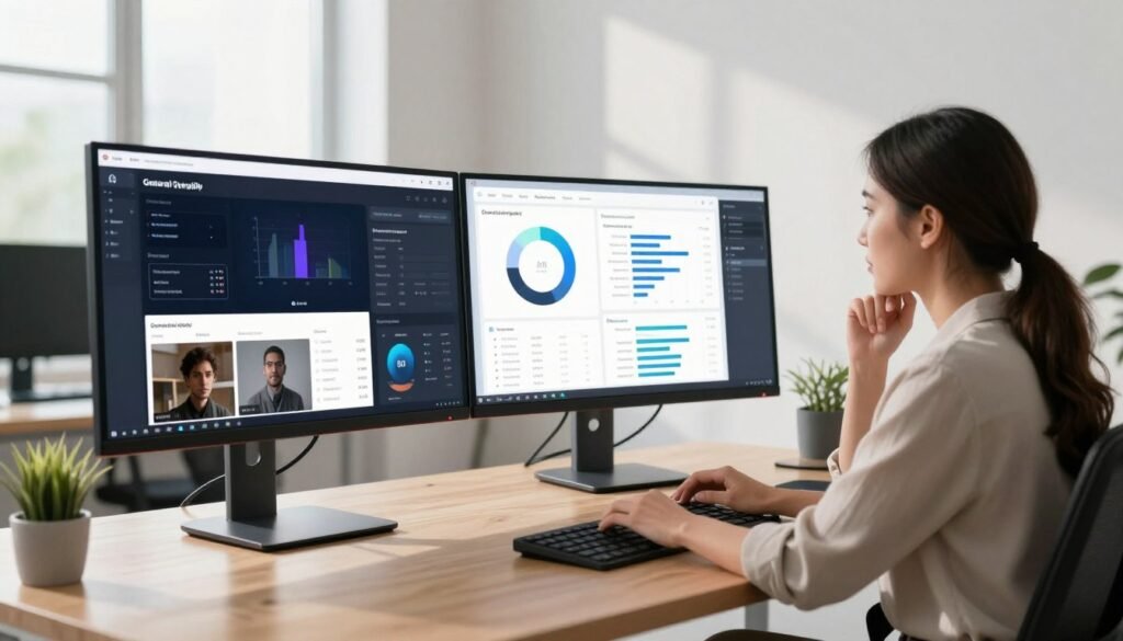 A sleek, modern workspace with dual monitors exhibiting various AI video platforms in a competitive comparison. In the foreground, a focused professional woman wearing smart casual attire examines the screens, her expression thoughtful. In the middle ground, detailed charts and graphs on the monitors visually represent generative quality metrics, showcasing comparative analysis of features. The background features a bright, minimalist office with soft lighting filtering through large windows, casting gentle shadows on a light wooden desk. The mood is focused and innovative, highlighting the dynamic nature of technology. The composition captures a sense of clarity and professionalism, inviting viewers to engage with the content. A sleek, modern workspace with dual monitors exhibiting various AI video platforms in a competitive comparison. In the foreground, a focused professional woman wearing smart casual attire examines the screens, her expression thoughtful. In the middle ground, detailed charts and graphs on the monitors visually represent generative quality metrics, showcasing comparative analysis of features. The background features a bright, minimalist office with soft lighting filtering through large windows, casting gentle shadows on a light wooden desk. The mood is focused and innovative, highlighting the dynamic nature of technology. The composition captures a sense of clarity and professionalism, inviting viewers to engage with the content.