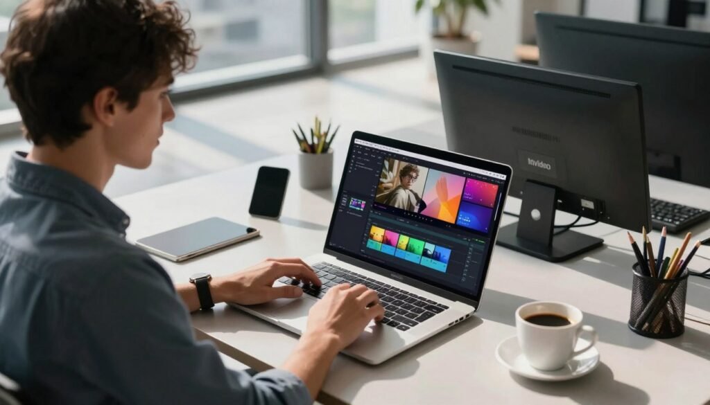 A sophisticated scene depicting a digital workspace where a professional is engaging with the InVideo AI tool for video editing. In the foreground, a focused individual, dressed in smart casual attire, sits at a sleek desk, using a laptop with vibrant AI-assisted video editing software displayed on the screen. Their expression shows concentration and creativity. The middle ground features an organized workspace, including high-tech gadgets, colorful video thumbnails, and a cup of coffee. In the background, a modern office environment with large windows letting in natural light, casting dynamic shadows and enhancing the atmosphere of innovation. The lighting is bright but soft, creating an inviting and productive ambiance. The perspective is slightly elevated, capturing both the individual and the immersive workspace while ensuring a clean and professional aesthetic. A sophisticated scene depicting a digital workspace where a professional is engaging with the InVideo AI tool for video editing. In the foreground, a focused individual, dressed in smart casual attire, sits at a sleek desk, using a laptop with vibrant AI-assisted video editing software displayed on the screen. Their expression shows concentration and creativity. The middle ground features an organized workspace, including high-tech gadgets, colorful video thumbnails, and a cup of coffee. In the background, a modern office environment with large windows letting in natural light, casting dynamic shadows and enhancing the atmosphere of innovation. The lighting is bright but soft, creating an inviting and productive ambiance. The perspective is slightly elevated, capturing both the individual and the immersive workspace while ensuring a clean and professional aesthetic.