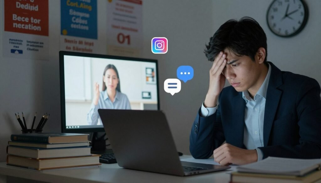 A split scene illustrating the potential drawbacks of online language learning. In the foreground, a frustrated student sitting at a cluttered desk, surrounded by books and a laptop, wearing professional attire, with a furrowed brow. In the middle, computer icons representing distractions like social media and notifications, with a faint overlay of an online classroom showing a blurry, disengaged teacher. In the background, a wall filled with language posters and a clock ticking, symbolizing the struggle with time management. The lighting is soft but with a hint of harshness from the computer screen, creating a somber, reflective mood. The angle is slightly tilted, enhancing the feeling of frustration and imbalance in learning. A split scene illustrating the potential drawbacks of online language learning. In the foreground, a frustrated student sitting at a cluttered desk, surrounded by books and a laptop, wearing professional attire, with a furrowed brow. In the middle, computer icons representing distractions like social media and notifications, with a faint overlay of an online classroom showing a blurry, disengaged teacher. In the background, a wall filled with language posters and a clock ticking, symbolizing the struggle with time management. The lighting is soft but with a hint of harshness from the computer screen, creating a somber, reflective mood. The angle is slightly tilted, enhancing the feeling of frustration and imbalance in learning.