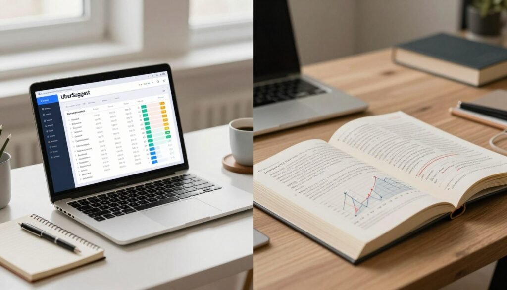 A split-screen image highlighting the pros and cons of using UberSuggest as an SEO tool. On the left, a clean, modern office workspace featuring a sleek laptop displaying a colorful dashboard of keyword metrics and analytics, surrounded by notepads and a coffee cup, conveying productivity and efficiency. On the right, an open book filled with notes and graphs, showing potential drawbacks, like limited features or accuracy concerns, against a backdrop of a thoughtfully organized desk. Soft natural lighting filters through a nearby window, creating a warm and inviting atmosphere. A neutral backdrop adds depth while maintaining focus on the tools and analysis, evoking an informed yet balanced approach to SEO strategy. A split-screen image highlighting the pros and cons of using UberSuggest as an SEO tool. On the left, a clean, modern office workspace featuring a sleek laptop displaying a colorful dashboard of keyword metrics and analytics, surrounded by notepads and a coffee cup, conveying productivity and efficiency. On the right, an open book filled with notes and graphs, showing potential drawbacks, like limited features or accuracy concerns, against a backdrop of a thoughtfully organized desk. Soft natural lighting filters through a nearby window, creating a warm and inviting atmosphere. A neutral backdrop adds depth while maintaining focus on the tools and analysis, evoking an informed yet balanced approach to SEO strategy.