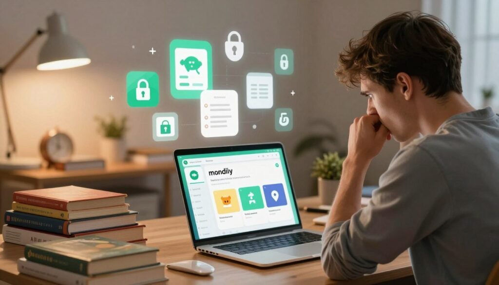 A thoughtful illustration depicting the limitations of the free version of a language learning app. In the foreground, a frustrated user sits at a desk cluttered with language learning books and a laptop showing the Mondly app interface. Their expression reflects concern as they face a screen indicating limited lessons, ads, and restricted features. In the middle ground, digital icons of locked content and advertisements hover, symbolizing restrictions. The background features a cozy yet busy study room with soft, warm lighting from a desk lamp, creating an atmosphere of determination but also frustration. Shot from a slightly elevated angle to emphasize the user’s perspective, the overall mood conveys a blend of motivation and the challenges faced when using a limited app version. A thoughtful illustration depicting the limitations of the free version of a language learning app. In the foreground, a frustrated user sits at a desk cluttered with language learning books and a laptop showing the Mondly app interface. Their expression reflects concern as they face a screen indicating limited lessons, ads, and restricted features. In the middle ground, digital icons of locked content and advertisements hover, symbolizing restrictions. The background features a cozy yet busy study room with soft, warm lighting from a desk lamp, creating an atmosphere of determination but also frustration. Shot from a slightly elevated angle to emphasize the user’s perspective, the overall mood conveys a blend of motivation and the challenges faced when using a limited app version.