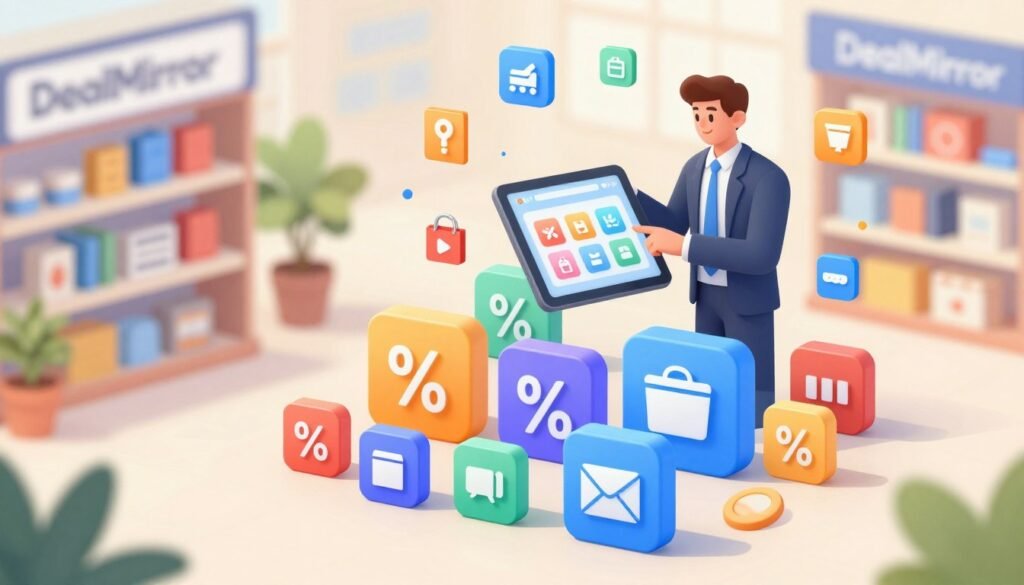 A vibrant and detailed illustration showcasing various types of digital deals and offers available on DealMirror. In the foreground, feature an organized array of digital icons symbolizing different deals—like discounts, subscriptions, and software bundles—each designed with a modern aesthetic. In the middle ground, include a professional-looking person in business attire, analyzing a tablet that displays some of these offers, surrounded by floating graphical elements representing online shopping and savings. The background should be a bright, welcoming digital marketplace, with soft lighting that suggests a sense of opportunity and excitement. Capture the mood of innovation and savvy shopping, utilizing a slight aerial angle to provide depth. A vibrant and detailed illustration showcasing various types of digital deals and offers available on DealMirror. In the foreground, feature an organized array of digital icons symbolizing different deals—like discounts, subscriptions, and software bundles—each designed with a modern aesthetic. In the middle ground, include a professional-looking person in business attire, analyzing a tablet that displays some of these offers, surrounded by floating graphical elements representing online shopping and savings. The background should be a bright, welcoming digital marketplace, with soft lighting that suggests a sense of opportunity and excitement. Capture the mood of innovation and savvy shopping, utilizing a slight aerial angle to provide depth.