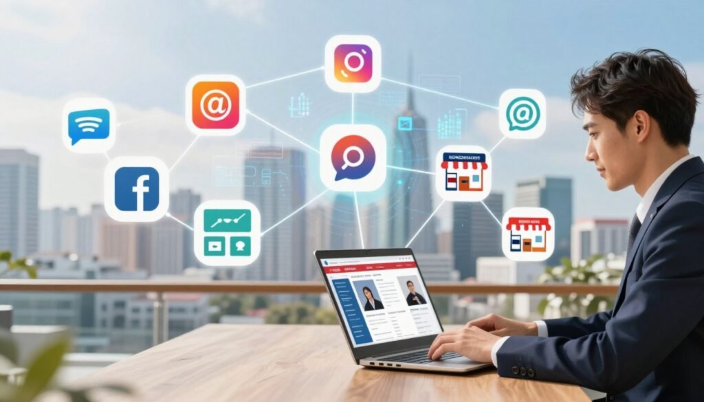 A vibrant and dynamic illustration of unified commerce sales channels, showcasing a seamless integration of various platforms. In the foreground, a professional in business attire is using a laptop, engaging with an online store interface. In the middle, floating icons representing diverse sales channels such as online marketplaces, social media platforms, and physical retail stores, interconnected with sleek lines symbolizing data flow. In the background, a city skyline with a digital overlay illustrating modern technology in commerce. Use bright, natural lighting to create an inviting and optimistic atmosphere. Capture the scene with a wide-angle lens to emphasize the expansive reach of unified commerce, evoking a sense of innovation and opportunity. A vibrant and dynamic illustration of unified commerce sales channels, showcasing a seamless integration of various platforms. In the foreground, a professional in business attire is using a laptop, engaging with an online store interface. In the middle, floating icons representing diverse sales channels such as online marketplaces, social media platforms, and physical retail stores, interconnected with sleek lines symbolizing data flow. In the background, a city skyline with a digital overlay illustrating modern technology in commerce. Use bright, natural lighting to create an inviting and optimistic atmosphere. Capture the scene with a wide-angle lens to emphasize the expansive reach of unified commerce, evoking a sense of innovation and opportunity.