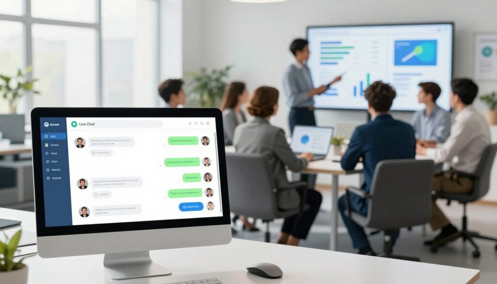 A vibrant and engaging digital illustration showcasing the features of a live chat platform with analytics. In the foreground, a sleek computer screen displays an interactive chat interface filled with various customer queries and responses, demonstrating real-time interaction. In the middle ground, a diverse group of professionals, dressed in smart business attire, are gathered around a modern conference table, analyzing data visualizations and charts that illustrate chat performance metrics. In the background, a bright, tech-inspired office environment with large windows, soft natural lighting creates a welcoming atmosphere. Use a wide-angle lens to capture an expansive view, emphasizing collaboration and innovation while maintaining a professional mood. The overall color palette should be fresh with blue and green tones, symbolizing trust and growth. A vibrant and engaging digital illustration showcasing the features of a live chat platform with analytics. In the foreground, a sleek computer screen displays an interactive chat interface filled with various customer queries and responses, demonstrating real-time interaction. In the middle ground, a diverse group of professionals, dressed in smart business attire, are gathered around a modern conference table, analyzing data visualizations and charts that illustrate chat performance metrics. In the background, a bright, tech-inspired office environment with large windows, soft natural lighting creates a welcoming atmosphere. Use a wide-angle lens to capture an expansive view, emphasizing collaboration and innovation while maintaining a professional mood. The overall color palette should be fresh with blue and green tones, symbolizing trust and growth.