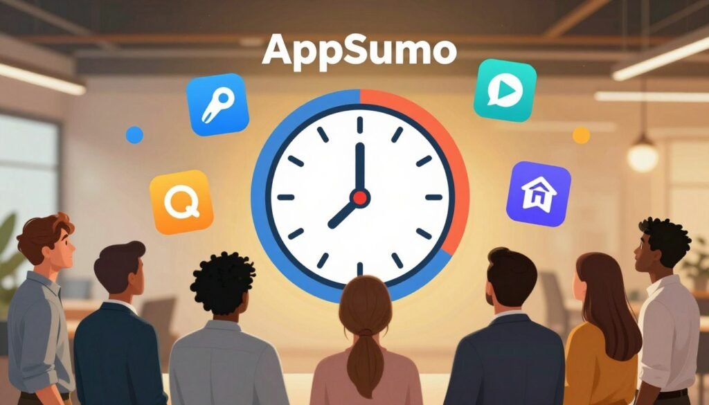 A vibrant and eye-catching digital illustration showcasing a countdown timer prominently displayed at the center, symbolizing urgency and limited-time offers. Surrounding the timer, a variety of software icons representing different tools available on AppSumo, such as productivity apps, design software, and marketing tools. In the foreground, a diverse group of professionals, dressed in smart business attire, are eagerly looking at the software icons with excitement and anticipation. The background features a blurred office setting, illuminated with warm, inviting lighting to create an energetic atmosphere. The overall mood conveys a sense of urgency mixed with professional enthusiasm, emphasizing the importance of taking advantage of these limited-time software deals. A vibrant and eye-catching digital illustration showcasing a countdown timer prominently displayed at the center, symbolizing urgency and limited-time offers. Surrounding the timer, a variety of software icons representing different tools available on AppSumo, such as productivity apps, design software, and marketing tools. In the foreground, a diverse group of professionals, dressed in smart business attire, are eagerly looking at the software icons with excitement and anticipation. The background features a blurred office setting, illuminated with warm, inviting lighting to create an energetic atmosphere. The overall mood conveys a sense of urgency mixed with professional enthusiasm, emphasizing the importance of taking advantage of these limited-time software deals.