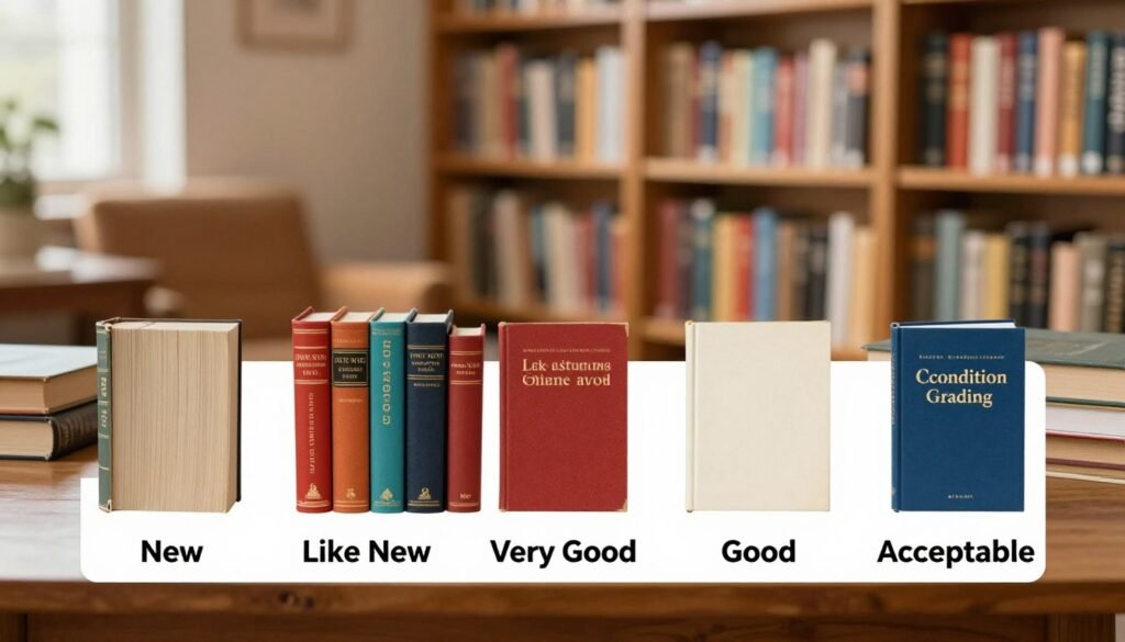 A vibrant and informative buyer guide for book condition grading, featuring a detailed visual representation of various book conditions. In the foreground, a neatly organized table displays a range of books with clear labels indicating "New," "Like New," "Very Good," "Good," and "Acceptable," each with an accompanying visual cue (sharp corners, spine condition). In the middle ground, soft-focus imagery of a cozy reading nook with warm lighting enhances the atmosphere of knowledge and discovery. The background showcases a blurred bookshelf filled with an array of colorful books, suggesting a treasure trove of literary adventures. The lighting is soft and inviting, creating a warm, educational mood, with a slight vignette effect to draw the viewer’s attention to the foreground details. No text or branding is included, ensuring a clean and professional appearance. A vibrant and informative buyer guide for book condition grading, featuring a detailed visual representation of various book conditions. In the foreground, a neatly organized table displays a range of books with clear labels indicating "New," "Like New," "Very Good," "Good," and "Acceptable," each with an accompanying visual cue (sharp corners, spine condition). In the middle ground, soft-focus imagery of a cozy reading nook with warm lighting enhances the atmosphere of knowledge and discovery. The background showcases a blurred bookshelf filled with an array of colorful books, suggesting a treasure trove of literary adventures. The lighting is soft and inviting, creating a warm, educational mood, with a slight vignette effect to draw the viewer’s attention to the foreground details. No text or branding is included, ensuring a clean and professional appearance.