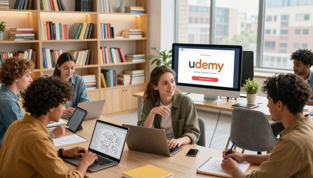 A vibrant and inspiring scene showcasing the immense variety of online courses offered on Udemy, set in a modern, spacious learning environment. In the foreground, a diverse group of motivated individuals engaged in various learning activities: one focused on a laptop, another discussing ideas with a tablet, a third sketching concepts on a notepad. In the middle ground, shelves filled with colorful books and course materials, infused with ambience lighting that creates a warm, inviting atmosphere. The background features large windows letting in natural light, exhibiting a view of a bustling cityscape, symbolizing opportunity and growth. The overall mood conveys enthusiasm, curiosity, and the joy of learning, utilizing a slightly elevated camera angle to capture the scene effectively. A vibrant and inspiring scene showcasing the immense variety of online courses offered on Udemy, set in a modern, spacious learning environment. In the foreground, a diverse group of motivated individuals engaged in various learning activities: one focused on a laptop, another discussing ideas with a tablet, a third sketching concepts on a notepad. In the middle ground, shelves filled with colorful books and course materials, infused with ambience lighting that creates a warm, inviting atmosphere. The background features large windows letting in natural light, exhibiting a view of a bustling cityscape, symbolizing opportunity and growth. The overall mood conveys enthusiasm, curiosity, and the joy of learning, utilizing a slightly elevated camera angle to capture the scene effectively.