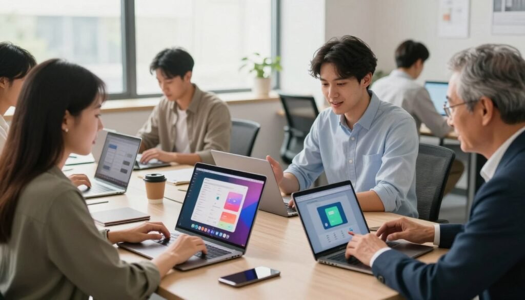 A vibrant and inviting workspace showcasing a diverse group of users interacting with various apps on their devices, reflecting their genuine experiences with SetApp. In the foreground, three individuals—a young woman in smart casual attire, a young man in a professional shirt, and an older gentleman in business attire—are engaged in focused discussions and examining their screens. The middle ground features laptops and tablets displaying colorful app interfaces, symbolizing user engagement. The background reveals a well-lit, modern office environment with large windows allowing natural light to pour in, creating a warm and motivational atmosphere. A sense of collaboration and innovation permeates the scene, emphasizing positive user experiences in a tech-savvy community. A vibrant and inviting workspace showcasing a diverse group of users interacting with various apps on their devices, reflecting their genuine experiences with SetApp. In the foreground, three individuals—a young woman in smart casual attire, a young man in a professional shirt, and an older gentleman in business attire—are engaged in focused discussions and examining their screens. The middle ground features laptops and tablets displaying colorful app interfaces, symbolizing user engagement. The background reveals a well-lit, modern office environment with large windows allowing natural light to pour in, creating a warm and motivational atmosphere. A sense of collaboration and innovation permeates the scene, emphasizing positive user experiences in a tech-savvy community.