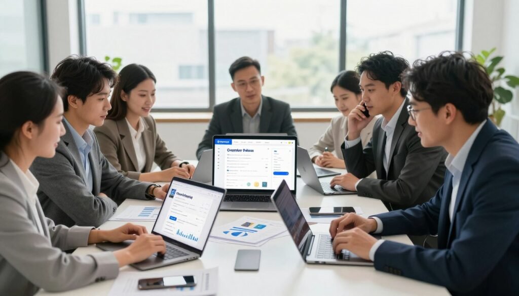 A vibrant and modern workspace showcasing the advantages of a dropshipping platform. In the foreground, a diverse group of professionals in business attire engages around a sleek conference table covered with digital devices and market analysis charts. They demonstrate teamwork and enthusiasm while discussing product options. In the middle ground, an elegant laptop displays the Spocket interface, highlighting product listings and analytics. The background features a bright office environment with large windows, allowing natural light to filter in, creating a warm and inviting atmosphere. The image captures a sense of collaboration and innovation, emphasizing the efficiency and potential profitability of dropshipping through Spocket. The composition is shot with a wide-angle lens to encompass the lively interactions and modern aesthetic. A vibrant and modern workspace showcasing the advantages of a dropshipping platform. In the foreground, a diverse group of professionals in business attire engages around a sleek conference table covered with digital devices and market analysis charts. They demonstrate teamwork and enthusiasm while discussing product options. In the middle ground, an elegant laptop displays the Spocket interface, highlighting product listings and analytics. The background features a bright office environment with large windows, allowing natural light to filter in, creating a warm and inviting atmosphere. The image captures a sense of collaboration and innovation, emphasizing the efficiency and potential profitability of dropshipping through Spocket. The composition is shot with a wide-angle lens to encompass the lively interactions and modern aesthetic.