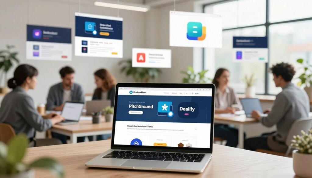 A vibrant digital marketplace scene depicting various alternative platforms for software deals. In the foreground, a modern, sleek laptop showcases different website interfaces such as ProductHunt, PitchGround, and Dealify on the screen, with professional individuals in business attire discussing software options. The middle ground features displays of software icons and deals floating in a dynamic way, suggesting a bustling, interactive environment. In the background, a bright and inviting creative workspace with soft, natural lighting through large windows and plants adds warmth to the scene. The overall atmosphere is collaborative and innovative, reflecting a sense of opportunity and exploration in finding software deals online. A vibrant digital marketplace scene depicting various alternative platforms for software deals. In the foreground, a modern, sleek laptop showcases different website interfaces such as ProductHunt, PitchGround, and Dealify on the screen, with professional individuals in business attire discussing software options. The middle ground features displays of software icons and deals floating in a dynamic way, suggesting a bustling, interactive environment. In the background, a bright and inviting creative workspace with soft, natural lighting through large windows and plants adds warmth to the scene. The overall atmosphere is collaborative and innovative, reflecting a sense of opportunity and exploration in finding software deals online.