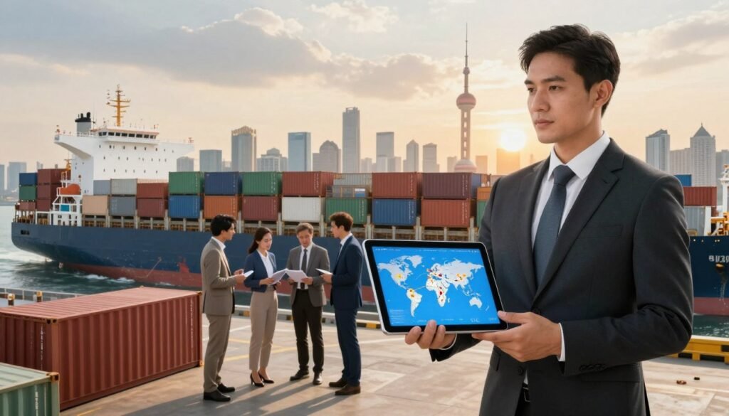 A vibrant, dynamic scene depicting the essence of international shipping and global market access. In the foreground, a professional businessperson wearing formal attire stands confidently next to a digital tablet displaying a world map with shipping routes highlighted. In the middle ground, cargo containers and a modern cargo ship symbolize the shipping industry, while diverse people from various backgrounds collaborate, discussing strategies and ideas. The background features a skyline of iconic global cities, representing international markets. Soft, warm lighting creates an inviting atmosphere, suggesting opportunity and connection. The angle is slightly elevated, providing a comprehensive view of both the business environment and the shipping landscape, fostering a sense of progress and innovation. A vibrant, dynamic scene depicting the essence of international shipping and global market access. In the foreground, a professional businessperson wearing formal attire stands confidently next to a digital tablet displaying a world map with shipping routes highlighted. In the middle ground, cargo containers and a modern cargo ship symbolize the shipping industry, while diverse people from various backgrounds collaborate, discussing strategies and ideas. The background features a skyline of iconic global cities, representing international markets. Soft, warm lighting creates an inviting atmosphere, suggesting opportunity and connection. The angle is slightly elevated, providing a comprehensive view of both the business environment and the shipping landscape, fostering a sense of progress and innovation.