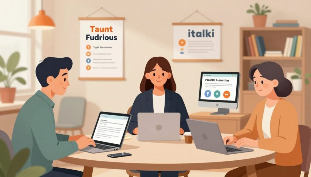 A vibrant illustration depicting the various types of teachers on italki, set in a modern virtual classroom. In the foreground, portray three diverse teachers engaged with students: one middle-aged male teacher in smart casual attire, a young female teacher in professional business attire, and an older female teacher in modest casual clothing. In the middle ground, showcase digital learning tools such as laptops, tablets, and language learning posters. The background features a soft-focus, inviting online classroom atmosphere with warm-toned lighting, a cozy bookshelf, and plants, conveying a friendly and educational ambiance. Use a wide-angle perspective to add depth and a sense of engagement to the scene, highlighting the personalized learning experience through diverse teaching styles. A vibrant illustration depicting the various types of teachers on italki, set in a modern virtual classroom. In the foreground, portray three diverse teachers engaged with students: one middle-aged male teacher in smart casual attire, a young female teacher in professional business attire, and an older female teacher in modest casual clothing. In the middle ground, showcase digital learning tools such as laptops, tablets, and language learning posters. The background features a soft-focus, inviting online classroom atmosphere with warm-toned lighting, a cozy bookshelf, and plants, conveying a friendly and educational ambiance. Use a wide-angle perspective to add depth and a sense of engagement to the scene, highlighting the personalized learning experience through diverse teaching styles.