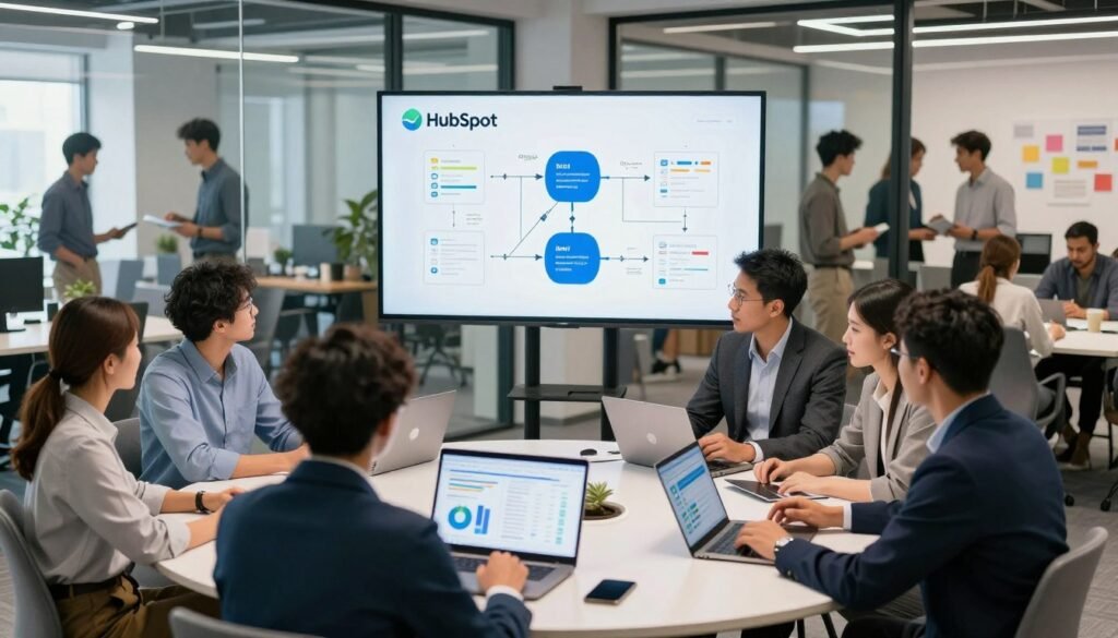 A vibrant, modern office environment showcasing the seamless connection between marketing, sales, and service departments. In the foreground, a diverse group of professionals in smart business attire collaborate at a round table, engaging with digital devices displaying graphs and analytics. In the middle ground, a large screen illustrates interconnected workflows and data flow, symbolizing HubSpot's integrated solutions. The background features glass walls revealing lively team interactions and brainstorming sessions. The lighting is bright and airy, creating an optimistic and dynamic atmosphere. The scene conveys efficiency and teamwork, emphasizing how HubSpot facilitates collaboration across different business functions. A vibrant, modern office environment showcasing the seamless connection between marketing, sales, and service departments. In the foreground, a diverse group of professionals in smart business attire collaborate at a round table, engaging with digital devices displaying graphs and analytics. In the middle ground, a large screen illustrates interconnected workflows and data flow, symbolizing HubSpot's integrated solutions. The background features glass walls revealing lively team interactions and brainstorming sessions. The lighting is bright and airy, creating an optimistic and dynamic atmosphere. The scene conveys efficiency and teamwork, emphasizing how HubSpot facilitates collaboration across different business functions.