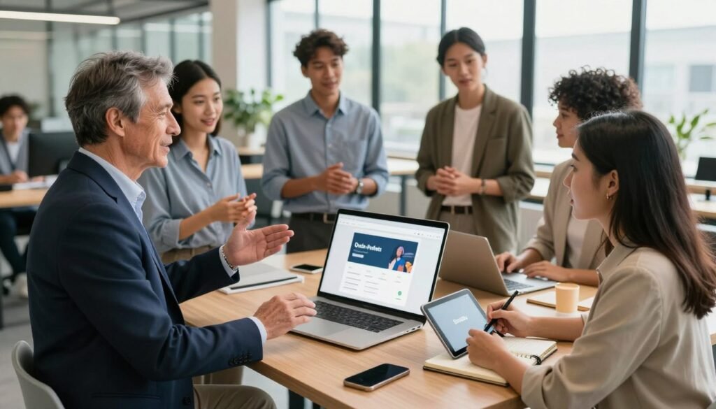 A vibrant scene depicting a diverse group of professionals engaged in a discussion about website building on a modern platform. In the foreground, a middle-aged man in a sharp business suit passionately shares his experience with Duda, while a young woman in smart casual attire listens attentively, taking notes on a digital tablet. In the middle ground, other team members, including a young man in a collared shirt and a woman in a blazer, exchange ideas and nod in agreement, showcasing a collaborative atmosphere. The background features a stylish, open office space with large windows allowing natural light to pour in, accentuating a positive, productive mood. The angle is slightly overhead, capturing both the engaging conversation and the bright, inviting workspace. A vibrant scene depicting a diverse group of professionals engaged in a discussion about website building on a modern platform. In the foreground, a middle-aged man in a sharp business suit passionately shares his experience with Duda, while a young woman in smart casual attire listens attentively, taking notes on a digital tablet. In the middle ground, other team members, including a young man in a collared shirt and a woman in a blazer, exchange ideas and nod in agreement, showcasing a collaborative atmosphere. The background features a stylish, open office space with large windows allowing natural light to pour in, accentuating a positive, productive mood. The angle is slightly overhead, capturing both the engaging conversation and the bright, inviting workspace.