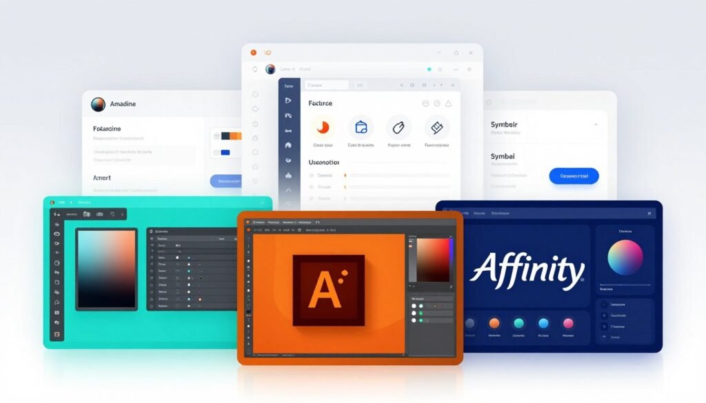 A vibrant vector design app comparison illustration featuring three distinct sections. In the foreground, display sleek, modern interfaces of Amadine, Illustrator, and Affinity Designer, showcasing various design tools and palettes. Each interface should have unique color themes: Amadine in bold turquoise, Illustrator in warm orange, and Affinity Designer in deep blue. In the middle, place overlapping transparent screens highlighting features such as vector editing, color customization, and symbol libraries, with intuitive icons and buttons. The background should have a soft gradient, fading from light grey to white, suggesting a clean and professional environment. Use soft, ambient lighting to create a welcoming atmosphere, and ensure an angle that gives a 3D perspective, enhancing the focus on the apps while maintaining a balanced composition. A vibrant vector design app comparison illustration featuring three distinct sections. In the foreground, display sleek, modern interfaces of Amadine, Illustrator, and Affinity Designer, showcasing various design tools and palettes. Each interface should have unique color themes: Amadine in bold turquoise, Illustrator in warm orange, and Affinity Designer in deep blue. In the middle, place overlapping transparent screens highlighting features such as vector editing, color customization, and symbol libraries, with intuitive icons and buttons. The background should have a soft gradient, fading from light grey to white, suggesting a clean and professional environment. Use soft, ambient lighting to create a welcoming atmosphere, and ensure an angle that gives a 3D perspective, enhancing the focus on the apps while maintaining a balanced composition.