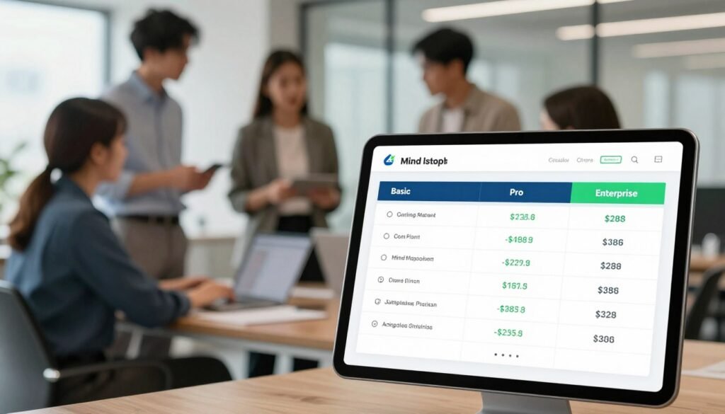 A visually appealing and informative illustration of various pricing plans for a mind mapping tool, specifically designed for a professional context. In the foreground, a sleek digital display or tablet showing a pricing table with clear, distinct columns labeled as "Basic," "Pro," and "Enterprise," each with corresponding features and prices elegantly presented. In the middle, a blurred background of a modern office interior, featuring people in professional business attire engaged in discussions about productivity tools, emphasizing teamwork and innovation. Soft, diffused lighting creates an inviting atmosphere, and the camera angle should capture both the foreground display and the vibrant interactions in the background. The color scheme should be professional, using blues and greens to convey trust and creativity, avoiding any text, captions, or external distractions. A visually appealing and informative illustration of various pricing plans for a mind mapping tool, specifically designed for a professional context. In the foreground, a sleek digital display or tablet showing a pricing table with clear, distinct columns labeled as "Basic," "Pro," and "Enterprise," each with corresponding features and prices elegantly presented. In the middle, a blurred background of a modern office interior, featuring people in professional business attire engaged in discussions about productivity tools, emphasizing teamwork and innovation. Soft, diffused lighting creates an inviting atmosphere, and the camera angle should capture both the foreground display and the vibrant interactions in the background. The color scheme should be professional, using blues and greens to convey trust and creativity, avoiding any text, captions, or external distractions.
