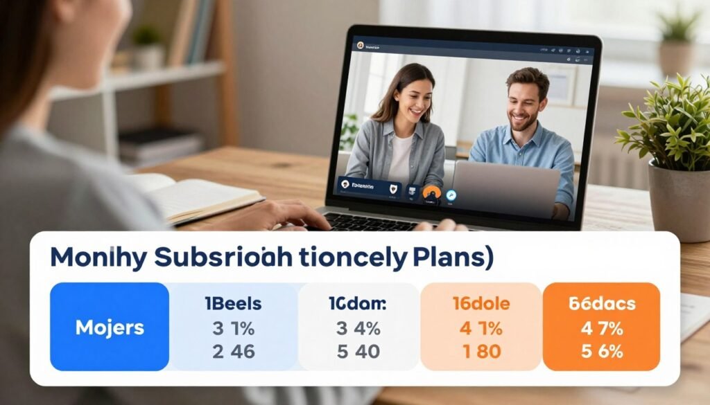 A visually appealing infographic illustrating a monthly subscription model and lesson costs for an online tutoring platform. In the foreground, display a sleek, simplified chart with clear sections for subscription plans and pricing tiers, using vibrant colors like blue and orange for contrast. In the middle, depict a professional-looking tablet or laptop showing an interactive lesson in progress with a smiling tutor and student, both dressed in business casual attire. In the background, include a cozy study setting with soft lighting, bookshelves, and a plant to enhance the learning atmosphere. Create a warm and inviting mood, emphasizing the accessibility and flexibility of online tutoring services. A visually appealing infographic illustrating a monthly subscription model and lesson costs for an online tutoring platform. In the foreground, display a sleek, simplified chart with clear sections for subscription plans and pricing tiers, using vibrant colors like blue and orange for contrast. In the middle, depict a professional-looking tablet or laptop showing an interactive lesson in progress with a smiling tutor and student, both dressed in business casual attire. In the background, include a cozy study setting with soft lighting, bookshelves, and a plant to enhance the learning atmosphere. Create a warm and inviting mood, emphasizing the accessibility and flexibility of online tutoring services.