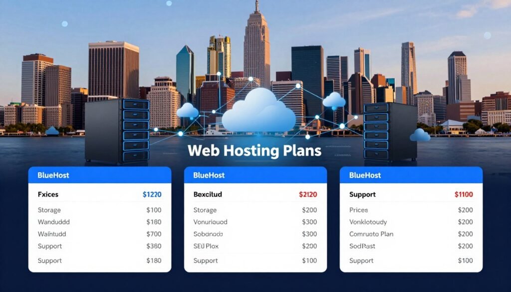 A visually engaging and informative image showcasing a variety of web hosting plans and prices. In the foreground, display neatly arranged pricing tables for different BlueHost hosting plans, highlighting features like storage, bandwidth, and support features, set against a sleek, modern digital interface. In the middle ground, incorporate visual elements symbolizing web hosting, such as servers or cloud icons, with a creative use of network diagrams illustrating connectivity. The background should feature a vibrant American city skyline, representing the location of BlueHost in the United States. Use bright, professional lighting to create an inviting and optimistic atmosphere. The composition should be clear and structured, focusing on the clarity of information without any textual distractions. A visually engaging and informative image showcasing a variety of web hosting plans and prices. In the foreground, display neatly arranged pricing tables for different BlueHost hosting plans, highlighting features like storage, bandwidth, and support features, set against a sleek, modern digital interface. In the middle ground, incorporate visual elements symbolizing web hosting, such as servers or cloud icons, with a creative use of network diagrams illustrating connectivity. The background should feature a vibrant American city skyline, representing the location of BlueHost in the United States. Use bright, professional lighting to create an inviting and optimistic atmosphere. The composition should be clear and structured, focusing on the clarity of information without any textual distractions.