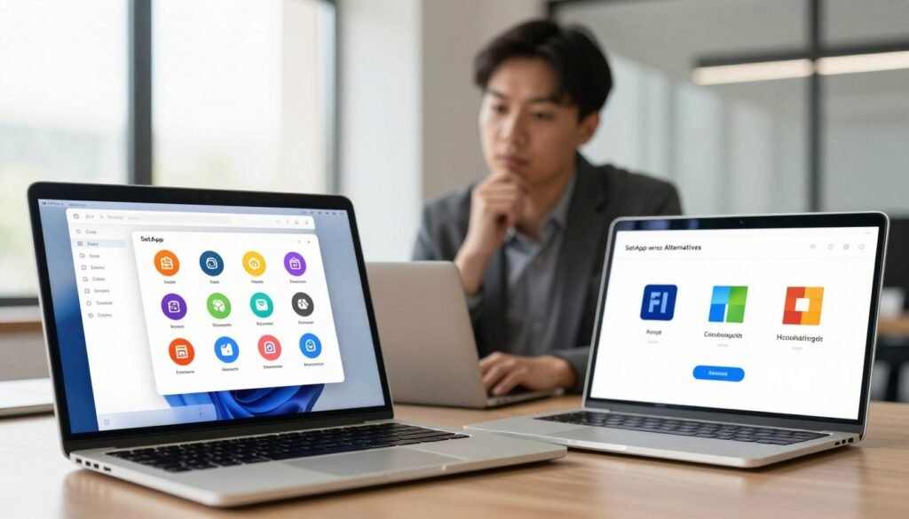 A visually engaging comparison image illustrating "SetApp versus Alternatives." In the foreground, feature a sleek laptop displaying the SetApp interface on one side, with vibrant application icons, and alternative app icons on the other side, showcasing Adobe and Microsoft icons as examples. In the middle ground, include a thoughtful professional wearing business attire, examining the screen with a contemplative expression, symbolizing decision-making. The background should depict a modern office environment with a large window allowing soft natural light to illuminate the scene, creating a warm and inviting atmosphere. Use a shallow depth of field to keep the focus on the foreground elements, enhancing the clarity of the subject while adding a sense of depth to the image. A visually engaging comparison image illustrating "SetApp versus Alternatives." In the foreground, feature a sleek laptop displaying the SetApp interface on one side, with vibrant application icons, and alternative app icons on the other side, showcasing Adobe and Microsoft icons as examples. In the middle ground, include a thoughtful professional wearing business attire, examining the screen with a contemplative expression, symbolizing decision-making. The background should depict a modern office environment with a large window allowing soft natural light to illuminate the scene, creating a warm and inviting atmosphere. Use a shallow depth of field to keep the focus on the foreground elements, enhancing the clarity of the subject while adding a sense of depth to the image.