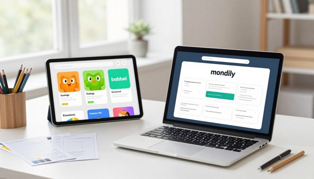 A visually engaging comparison of language learning apps, featuring a modern workspace. In the foreground, a sleek laptop displaying the Mondly app interface stands out, surrounded by stylish stationery. In the middle ground, a tablet shows competing language apps such as Duolingo and Babbel. Both devices are surrounded by notes and vocabulary flashcards. The background is a bright, organized office with a large window allowing soft, natural light to illuminate the scene, creating an inviting atmosphere. Include subtle reflections on the devices' screens, capturing a sense of focus and productivity. The overall mood is one of motivation and innovation, ideal for illustrating a comparative analysis of language learning tools. A visually engaging comparison of language learning apps, featuring a modern workspace. In the foreground, a sleek laptop displaying the Mondly app interface stands out, surrounded by stylish stationery. In the middle ground, a tablet shows competing language apps such as Duolingo and Babbel. Both devices are surrounded by notes and vocabulary flashcards. The background is a bright, organized office with a large window allowing soft, natural light to illuminate the scene, creating an inviting atmosphere. Include subtle reflections on the devices' screens, capturing a sense of focus and productivity. The overall mood is one of motivation and innovation, ideal for illustrating a comparative analysis of language learning tools.