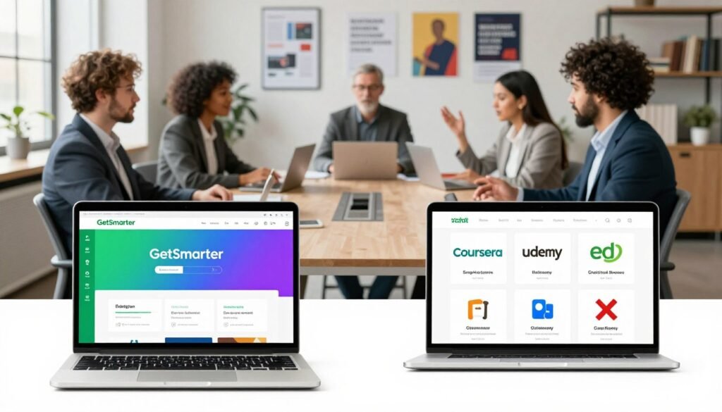 A visually engaging comparison of online learning platforms, featuring a clean and modern design. In the foreground, a sleek laptop displays the GetSmarter interface on one side, with a vibrant and user-friendly layout, while on the other side, several icons representing competitor platforms like Coursera, Udemy, and edX softly blend into the background. The middle ground incorporates a professional, diverse group of individuals (dressed in smart business attire) engaged in animated discussions about their online learning experiences, seated around a stylish conference table. The background consists of a well-lit office space filled with motivational posters and bookshelves, creating a dynamic and inspiring atmosphere. Soft, natural lighting filters through large windows, highlighting the collaborative mood of learning and growth in a professional context. A visually engaging comparison of online learning platforms, featuring a clean and modern design. In the foreground, a sleek laptop displays the GetSmarter interface on one side, with a vibrant and user-friendly layout, while on the other side, several icons representing competitor platforms like Coursera, Udemy, and edX softly blend into the background. The middle ground incorporates a professional, diverse group of individuals (dressed in smart business attire) engaged in animated discussions about their online learning experiences, seated around a stylish conference table. The background consists of a well-lit office space filled with motivational posters and bookshelves, creating a dynamic and inspiring atmosphere. Soft, natural lighting filters through large windows, highlighting the collaborative mood of learning and growth in a professional context.