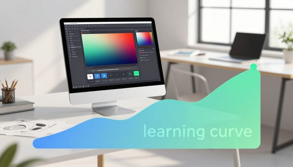 A visually engaging depiction of a "gentle learning curve" illustration for design applications, set in a sleek, modern workspace. In the foreground, a large, beautifully illustrated 'learning curve' graph with a gradient of soothing colors transitioning smoothly from blue to green, suggests gradual improvement and user-friendly experience. The middle layer features a user interface display of the Amadine graphic design software, showcasing a vibrant palette and intuitive tools, with buttons and sliders highlighted. In the background, a clean, minimalistic workspace with a stylish desk, a laptop open, and design sketches scattered, illuminated by soft, natural daylight streaming through a large window. The overall atmosphere is inviting and professional, evoking a sense of learning and creativity, encouraging exploration and experimentation with graphic design. A visually engaging depiction of a "gentle learning curve" illustration for design applications, set in a sleek, modern workspace. In the foreground, a large, beautifully illustrated 'learning curve' graph with a gradient of soothing colors transitioning smoothly from blue to green, suggests gradual improvement and user-friendly experience. The middle layer features a user interface display of the Amadine graphic design software, showcasing a vibrant palette and intuitive tools, with buttons and sliders highlighted. In the background, a clean, minimalistic workspace with a stylish desk, a laptop open, and design sketches scattered, illuminated by soft, natural daylight streaming through a large window. The overall atmosphere is inviting and professional, evoking a sense of learning and creativity, encouraging exploration and experimentation with graphic design.