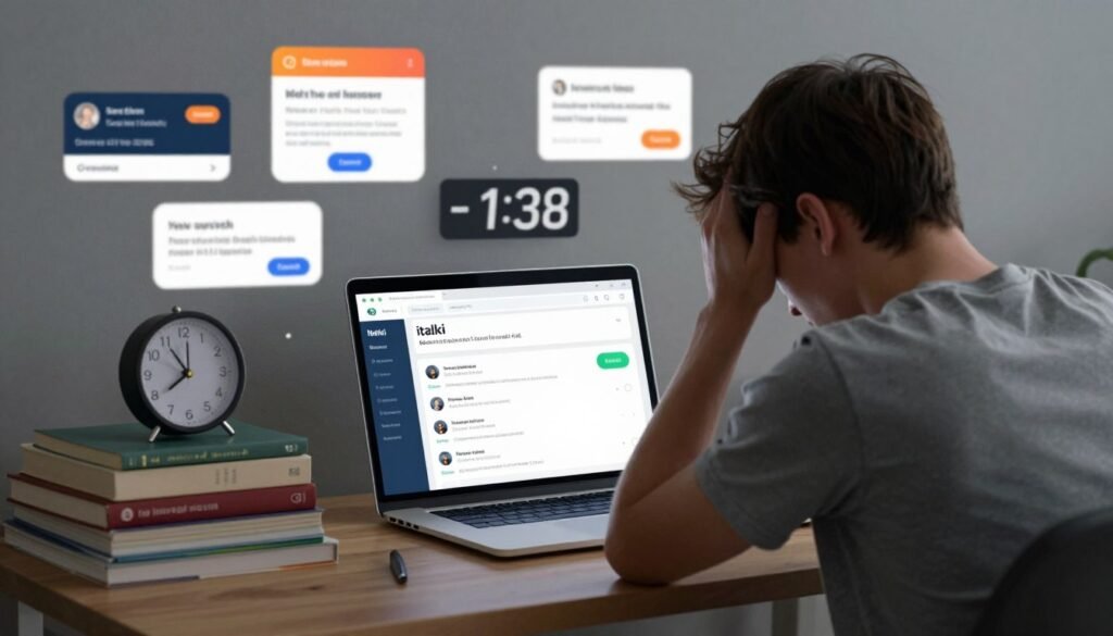 A visually engaging illustration of the disadvantages of a language learning platform, depicting a frustrated learner sitting in front of a computer. In the foreground, highlight a cluttered workspace with language books and a laptop showing an italki interface with missed lessons and incomplete tasks. The middle ground features a digital clock indicating late hours, evoking a sense of struggle to keep up with scheduling. In the background, blurred images of online lesson notifications and technical issues like error messages create a sense of chaos. The overall lighting should be soft and moody, with shadows emphasizing the learner's stress and disappointment, capturing the challenges of online language education. The scene should maintain a professional atmosphere, without any human figures excessively prominent, to convey the idea of isolation and difficulty. A visually engaging illustration of the disadvantages of a language learning platform, depicting a frustrated learner sitting in front of a computer. In the foreground, highlight a cluttered workspace with language books and a laptop showing an italki interface with missed lessons and incomplete tasks. The middle ground features a digital clock indicating late hours, evoking a sense of struggle to keep up with scheduling. In the background, blurred images of online lesson notifications and technical issues like error messages create a sense of chaos. The overall lighting should be soft and moody, with shadows emphasizing the learner's stress and disappointment, capturing the challenges of online language education. The scene should maintain a professional atmosphere, without any human figures excessively prominent, to convey the idea of isolation and difficulty.