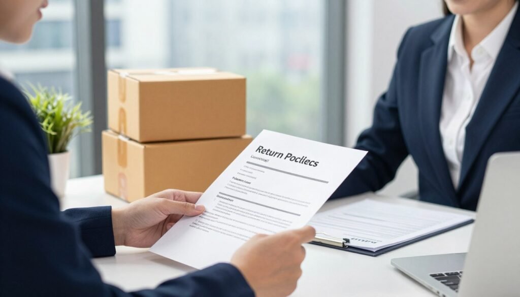 A visually engaging illustration representing return and exchange policies in dropshipping. The foreground features a professional business person in smart attire, reviewing documents related to return policies at a modern office desk. In the middle, display essential items like shipping boxes and a return label, symbolizing the logistics process. The background shows a sleek urban office environment with large windows, allowing soft, natural light to flood the scene, creating a bright and welcoming atmosphere. Include subtle details, such as a plant and organized paperwork, to enhance the professionalism of the setting. The overall mood should convey clarity, efficiency, and attention to detail, emphasizing the importance of customer service in e-commerce. A visually engaging illustration representing return and exchange policies in dropshipping. The foreground features a professional business person in smart attire, reviewing documents related to return policies at a modern office desk. In the middle, display essential items like shipping boxes and a return label, symbolizing the logistics process. The background shows a sleek urban office environment with large windows, allowing soft, natural light to flood the scene, creating a bright and welcoming atmosphere. Include subtle details, such as a plant and organized paperwork, to enhance the professionalism of the setting. The overall mood should convey clarity, efficiency, and attention to detail, emphasizing the importance of customer service in e-commerce.
