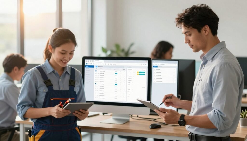 A visually engaging image depicting ideal user profiles for field service software. Foreground: A group of diverse professionals in business attire – a technician holding tools, a planner with a tablet, and a manager reviewing schedules. Middle: A modern, efficient office space with digital screens displaying scheduling software, showcasing task lists and resource allocation. Background: Soft-lit windows highlighting a sunny day, representing productivity and optimism. The lighting is bright and warm, creating a welcoming atmosphere. The composition is balanced, with a slight depth of field to draw focus on the users. The scene conveys a sense of teamwork, efficiency, and modernity in contractor scheduling operations. A visually engaging image depicting ideal user profiles for field service software. Foreground: A group of diverse professionals in business attire – a technician holding tools, a planner with a tablet, and a manager reviewing schedules. Middle: A modern, efficient office space with digital screens displaying scheduling software, showcasing task lists and resource allocation. Background: Soft-lit windows highlighting a sunny day, representing productivity and optimism. The lighting is bright and warm, creating a welcoming atmosphere. The composition is balanced, with a slight depth of field to draw focus on the users. The scene conveys a sense of teamwork, efficiency, and modernity in contractor scheduling operations.