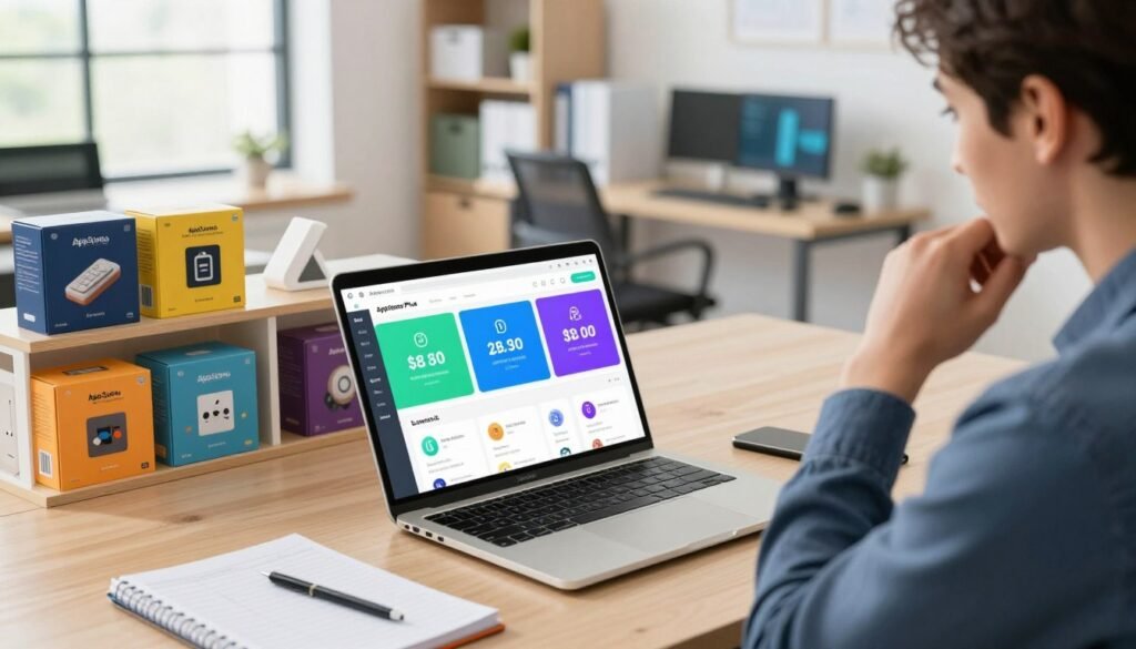 A visually engaging representation of the AppSumo Plus membership value, featuring an office setting with a professional individual in business attire contemplating the benefits. In the foreground, a laptop displays a colorful dashboard of exclusive software deals and discounts, while a notepad with calculations lies next to the laptop. In the middle ground, shelves are lined with vibrant software boxes and digital tools reflecting innovation. The background shows a modern workspace with large windows allowing natural light to fill the room, creating a bright and inviting atmosphere. Capture this scene with a slightly elevated angle to emphasize the workspace's organization and the individual's thoughtful expression. The mood should be optimistic and inspiring, highlighting the potential advantages of the AppSumo Plus membership. A visually engaging representation of the AppSumo Plus membership value, featuring an office setting with a professional individual in business attire contemplating the benefits. In the foreground, a laptop displays a colorful dashboard of exclusive software deals and discounts, while a notepad with calculations lies next to the laptop. In the middle ground, shelves are lined with vibrant software boxes and digital tools reflecting innovation. The background shows a modern workspace with large windows allowing natural light to fill the room, creating a bright and inviting atmosphere. Capture this scene with a slightly elevated angle to emphasize the workspace's organization and the individual's thoughtful expression. The mood should be optimistic and inspiring, highlighting the potential advantages of the AppSumo Plus membership.