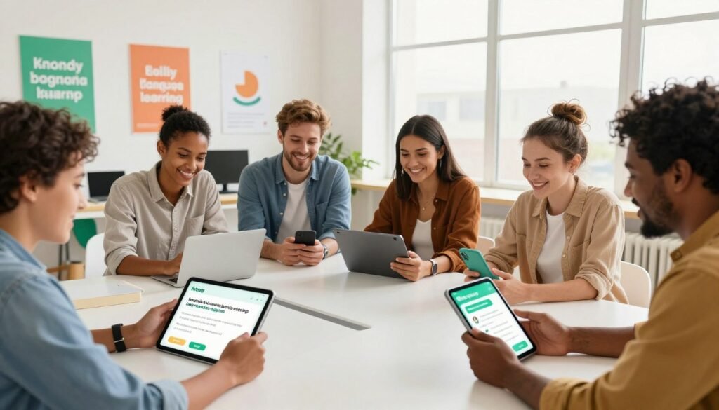 A visually engaging representation of the benefits of using the Mondly language learning app. In the foreground, a diverse group of smiling individuals of various ages and ethnicities engage with tablets and smartphones, dressed in smart casual clothing, demonstrating a sense of camaraderie and focus. In the middle ground, a vibrant, open workspace filled with interactive language tools and motivational posters about language learning. In the background, large windows let in warm, natural light, creating a bright and inviting atmosphere. Capture a sense of enthusiasm and empowerment in the scene, emphasizing collaboration and engagement with technology. Use a wide-angle lens to showcase the environment, ensuring that the mood is upbeat and inspiring, reflecting the enriching experience of learning new languages. A visually engaging representation of the benefits of using the Mondly language learning app. In the foreground, a diverse group of smiling individuals of various ages and ethnicities engage with tablets and smartphones, dressed in smart casual clothing, demonstrating a sense of camaraderie and focus. In the middle ground, a vibrant, open workspace filled with interactive language tools and motivational posters about language learning. In the background, large windows let in warm, natural light, creating a bright and inviting atmosphere. Capture a sense of enthusiasm and empowerment in the scene, emphasizing collaboration and engagement with technology. Use a wide-angle lens to showcase the environment, ensuring that the mood is upbeat and inspiring, reflecting the enriching experience of learning new languages.