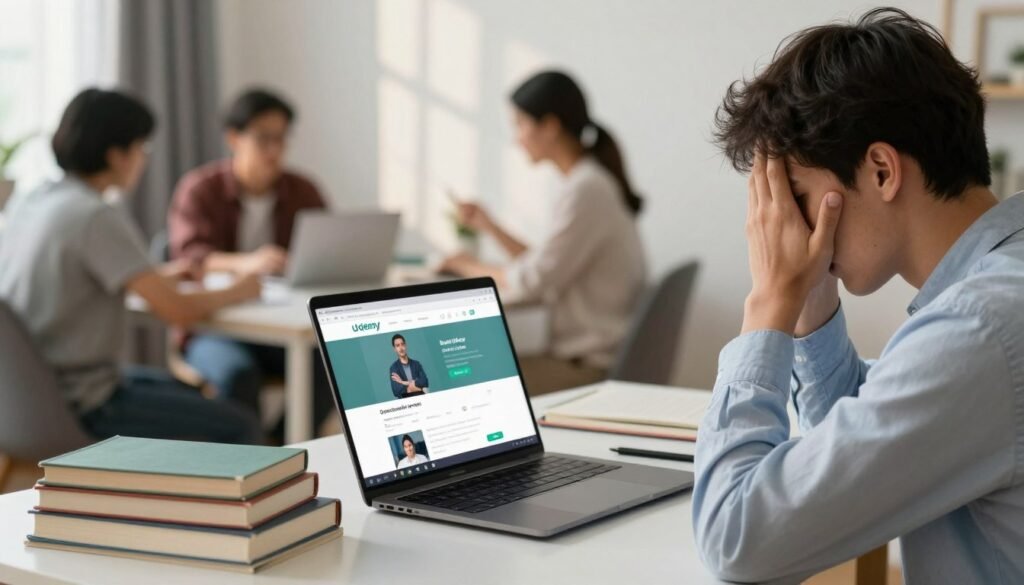A visually engaging representation of the drawbacks of online learning platforms, such as Udemy. In the foreground, a frustrated student sits at a desk, surrounded by textbooks and a laptop displaying an online course interface. The student is dressed in smart casual attire, reflecting a professional but relaxed atmosphere. In the middle, a blurred background reveals a cluttered home office space, emphasizing distractions like family members and social media notifications. Soft, natural lighting filters through a window, casting gentle shadows that evoke a sense of introspection. The overall mood is one of contemplation and mild frustration, highlighting the challenges faced in a digital learning environment, while maintaining a clean and professional aesthetic. A visually engaging representation of the drawbacks of online learning platforms, such as Udemy. In the foreground, a frustrated student sits at a desk, surrounded by textbooks and a laptop displaying an online course interface. The student is dressed in smart casual attire, reflecting a professional but relaxed atmosphere. In the middle, a blurred background reveals a cluttered home office space, emphasizing distractions like family members and social media notifications. Soft, natural lighting filters through a window, casting gentle shadows that evoke a sense of introspection. The overall mood is one of contemplation and mild frustration, highlighting the challenges faced in a digital learning environment, while maintaining a clean and professional aesthetic.