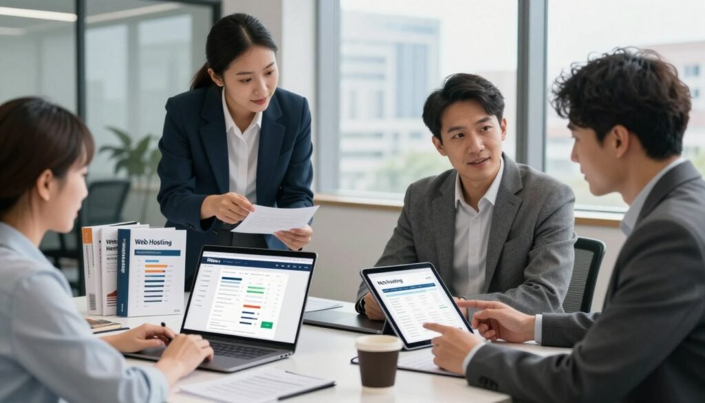 A visually engaging scene showcasing a professional workspace dedicated to web hosting decision-making. In the foreground, a diverse group of three business professionals dressed in smart casual attire strategically discusses notes and digital devices. They are surrounded by tools like a laptop with web hosting analytics and a tablet displaying a website comparison chart. In the middle ground, a clean, organized desk adorned with web hosting guides and a coffee cup set a productive tone. The background features a modern office ambiance with soft, natural lighting filtering through large windows that highlight a cityscape. The mood is focused and collaborative, emphasizing the importance of careful consideration before signing up for a web hosting service like Hostinger. A visually engaging scene showcasing a professional workspace dedicated to web hosting decision-making. In the foreground, a diverse group of three business professionals dressed in smart casual attire strategically discusses notes and digital devices. They are surrounded by tools like a laptop with web hosting analytics and a tablet displaying a website comparison chart. In the middle ground, a clean, organized desk adorned with web hosting guides and a coffee cup set a productive tone. The background features a modern office ambiance with soft, natural lighting filtering through large windows that highlight a cityscape. The mood is focused and collaborative, emphasizing the importance of careful consideration before signing up for a web hosting service like Hostinger.