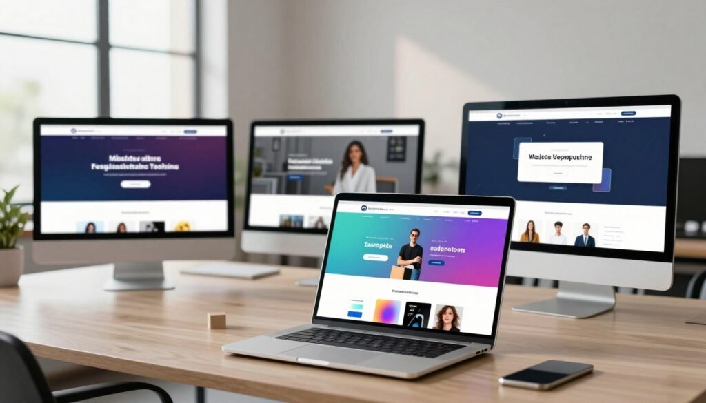 A visually engaging scene showcasing a variety of website design templates displayed on multiple computer screens. In the foreground, a sleek, modern desk with a laptop open to a colorful template selection interface, surrounded by customization options like color palettes and font samples. In the middle ground, additional monitors feature diverse templates, illustrating different industries such as business, e-commerce, and creative portfolios. The background shows a minimalist office environment with soft natural lighting streaming through large windows, creating an inviting atmosphere. The overall mood is professional and innovative, highlighting the theme of design flexibility and customization in website creation. A visually engaging scene showcasing a variety of website design templates displayed on multiple computer screens. In the foreground, a sleek, modern desk with a laptop open to a colorful template selection interface, surrounded by customization options like color palettes and font samples. In the middle ground, additional monitors feature diverse templates, illustrating different industries such as business, e-commerce, and creative portfolios. The background shows a minimalist office environment with soft natural lighting streaming through large windows, creating an inviting atmosphere. The overall mood is professional and innovative, highlighting the theme of design flexibility and customization in website creation.