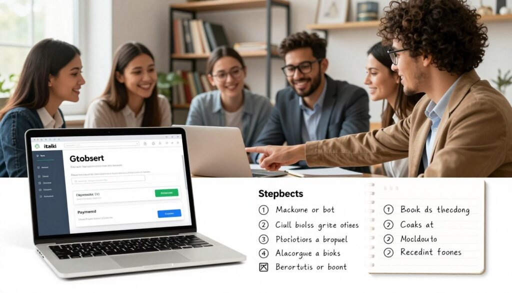 A visually engaging step-by-step guide to booking a language lesson, featuring a clean and organized layout. In the foreground, a laptop displays the italki interface with clear sections for teacher selection, scheduling, and payment options. Beside the laptop, a notepad with handwritten notes outlines the steps in an orderly fashion. In the middle, a diverse group of individuals in professional attire collaborate, pointing at the laptop and discussing language options, embodying a sense of teamwork and enthusiasm for learning. The background includes a cozy learning space with bookshelves and language-related materials, softly lit by natural sunlight coming through a window, creating an inviting and focused atmosphere. The image conveys clarity, professionalism, and excitement about language learning. A visually engaging step-by-step guide to booking a language lesson, featuring a clean and organized layout. In the foreground, a laptop displays the italki interface with clear sections for teacher selection, scheduling, and payment options. Beside the laptop, a notepad with handwritten notes outlines the steps in an orderly fashion. In the middle, a diverse group of individuals in professional attire collaborate, pointing at the laptop and discussing language options, embodying a sense of teamwork and enthusiasm for learning. The background includes a cozy learning space with bookshelves and language-related materials, softly lit by natural sunlight coming through a window, creating an inviting and focused atmosphere. The image conveys clarity, professionalism, and excitement about language learning.